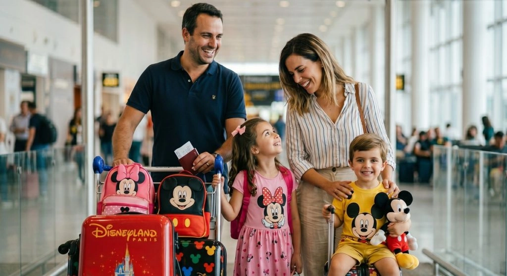 Famille avec enfants à l’aéroport CDG avant de rejoindre Disneyland® Paris