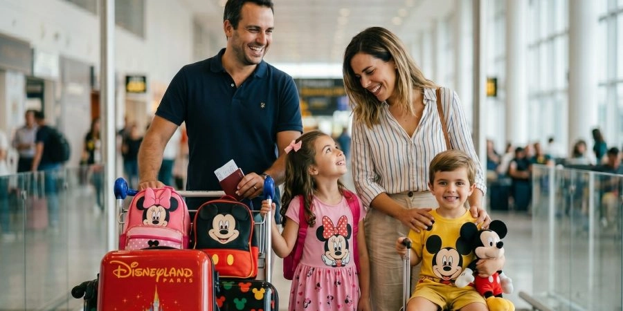 Famille avec enfants à l’aéroport CDG avant de rejoindre Disneyland® Paris
