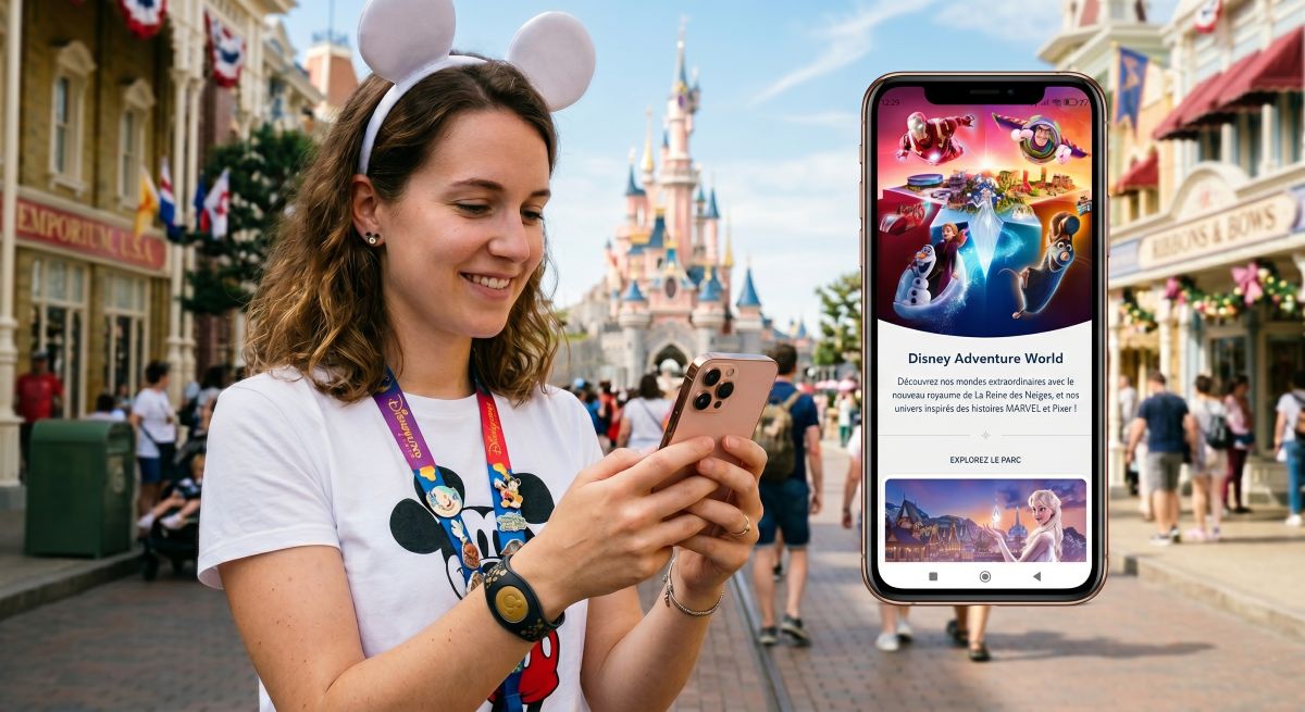 Application mobile Disneyland Paris utilisée pour organiser une visite à Disney Adventure World en famille.