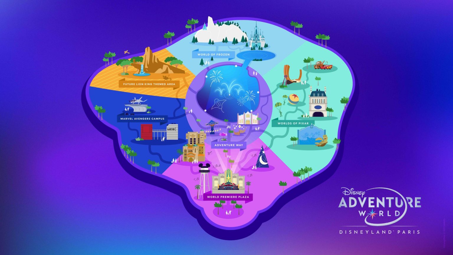 Plan de Disney Adventure World à Disneyland® Paris présentant World of Frozen, Adventure Way et les différents univers du parc.