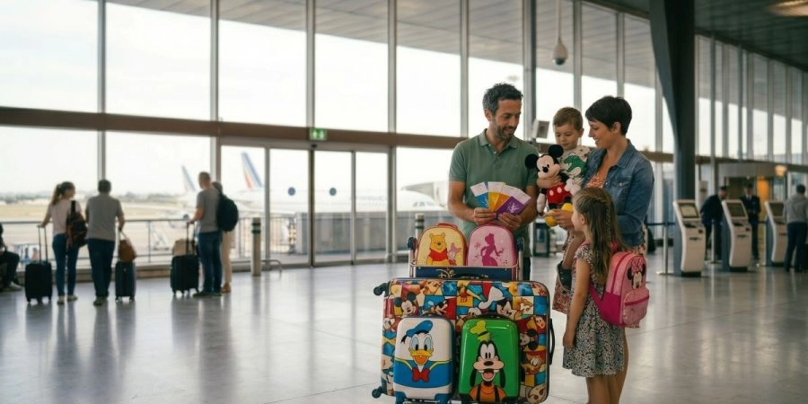 Famille à l’aéroport avec bagages pour rejoindre Disneyland Paris depuis Orly