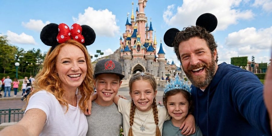 Famille à Disneyland® Paris après un trajet depuis les aéroports de Paris.