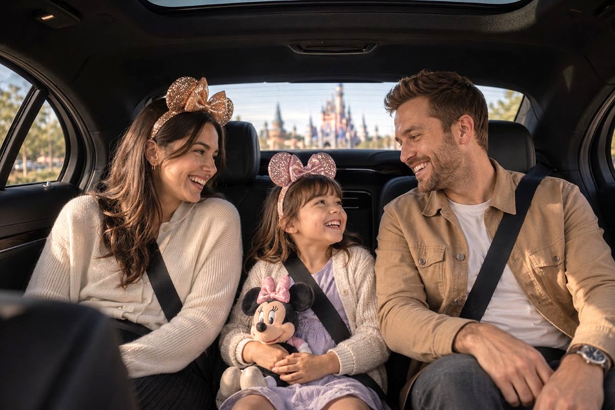 Famille heureuse à bord d’une voiture premium en direction de Disneyland Paris, avec une enfant au centre portant des oreilles Minnie et tenant une peluche.